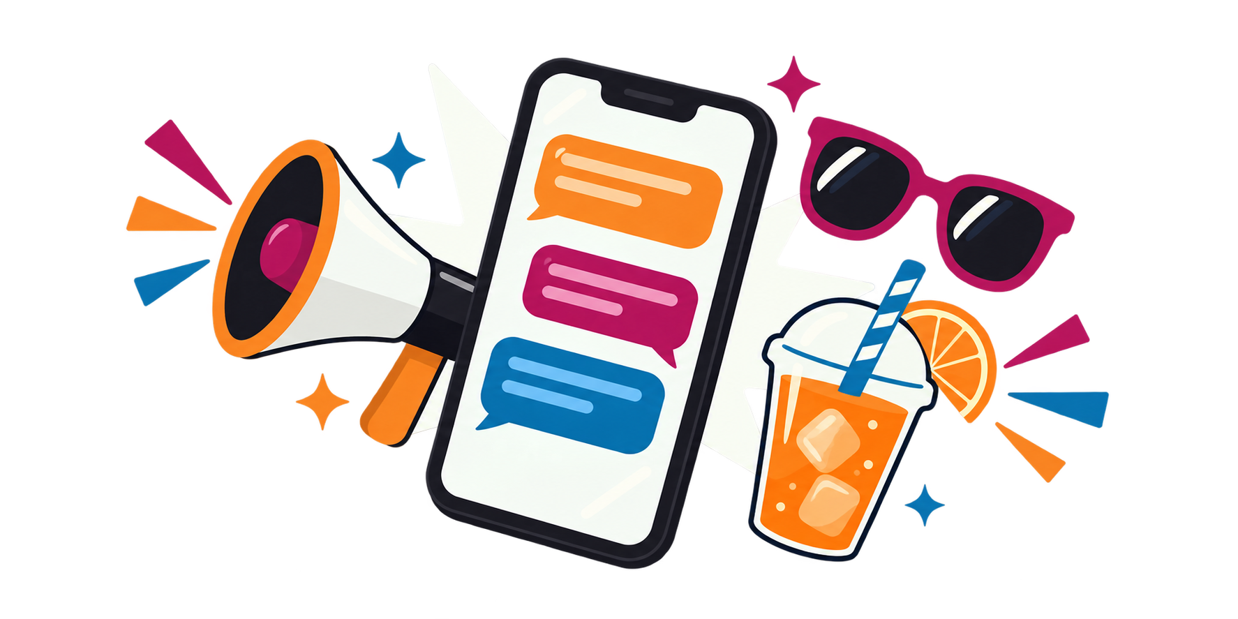 A smartphone with colorful text message bubbles is surrounded by a megaphone, sunglasses, and a citrus drink, creating a playful summer-themed SMS marketing illustration in orange, pink, blue, dark navy, and white.
